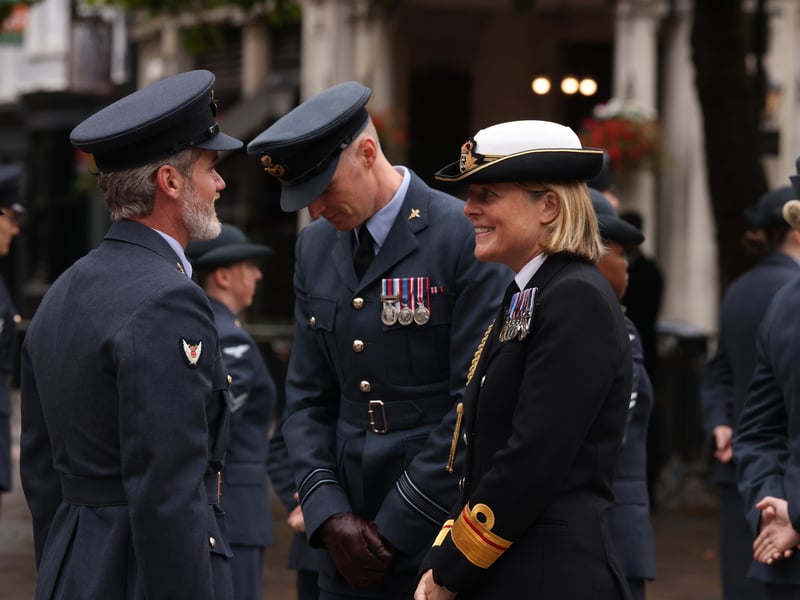 Rear Admiral Fleur Marshall MRCGP KHP inspecting RAF members of Joint Hospital Group South.