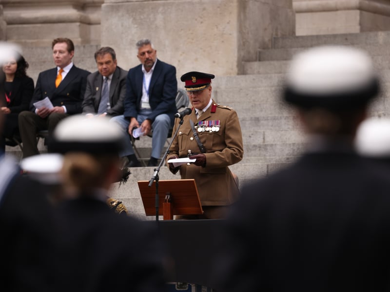 Head of Joint Hospital Group South Brigadier Antony Finn delivering a speech.