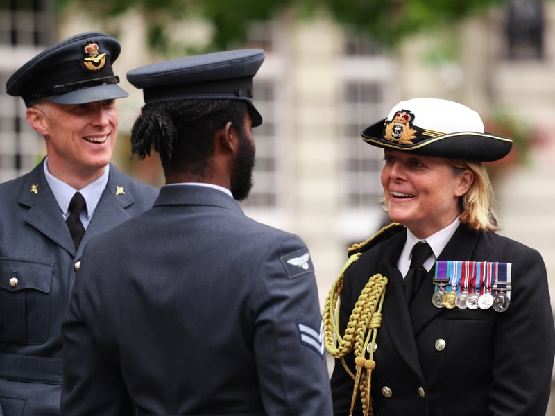 Rear Admiral Fleur Marshall MRCGP KHP inspects RAF members of Joint Hospital Group South on parade.