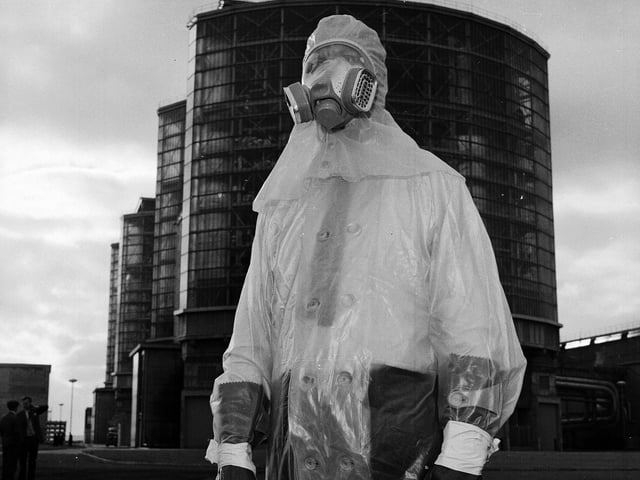John Millar, a health physics foreman. in a PVC protective suit  at Hunterson nuclear power station in 1964.