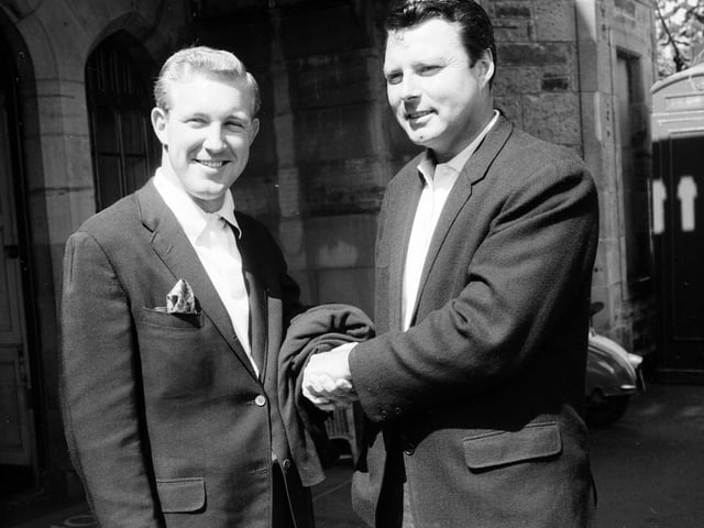 Peter Alliss congratulates winner Dave Ragan at the end of the Senior Service Golf Tournament at Dalmahoy in 1964.