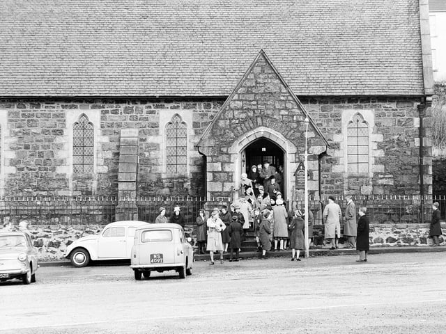 People coming out of Portree Parish Church, on the Isle of Skye, on a Sunday in 1964.