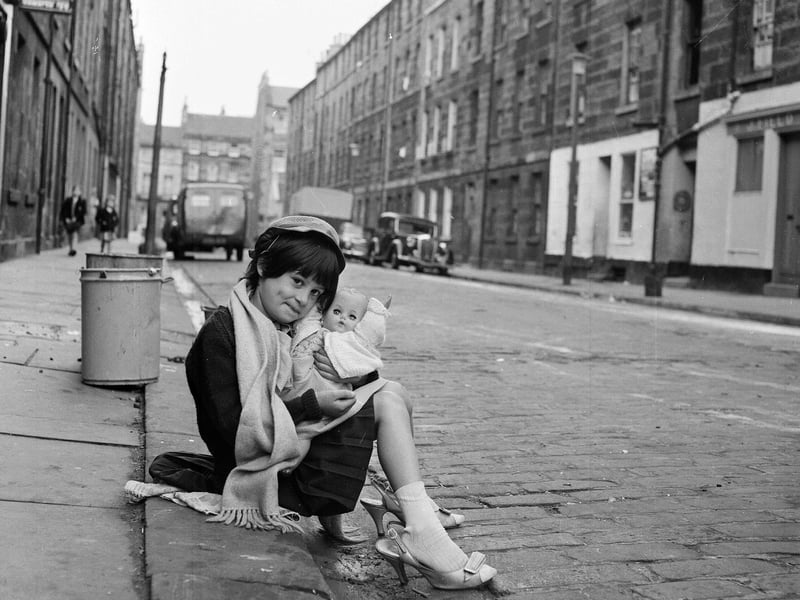 Diane Molloy and her doll on Jamaica Street, Edinburgh, in 1964.