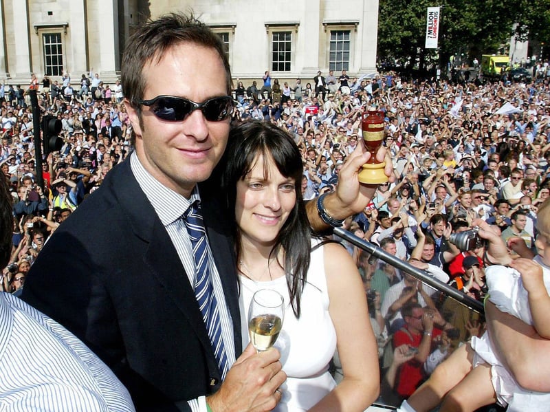 England captain Michael Vaughan holds the Ashes in front of the crowds in Trafalgar Square on September 13, 2005, after England regained the Ashes in dramatic fashion the previous day.
