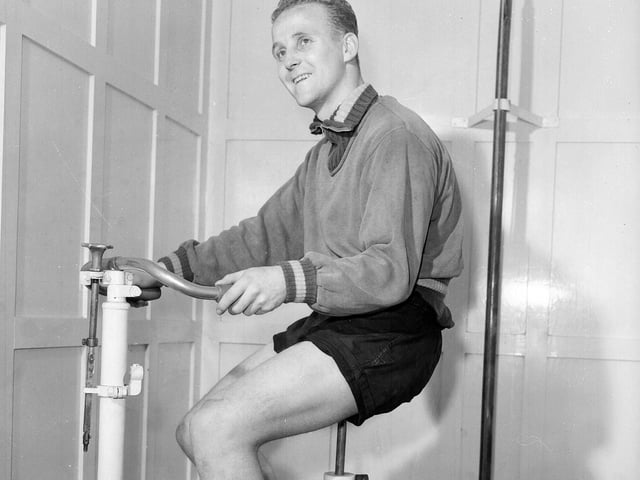 Hearts footballer Alex Young training at Tynecastle in 1959.