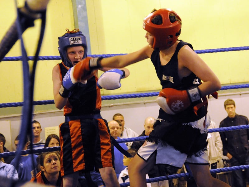Charlie Steed (red corner) boxing against Fareham ABC's Callum Spencer (blue corner) at the City of Portsmouth ABC Open Boxing Show at Paulsgrove Community Centre in 2008.