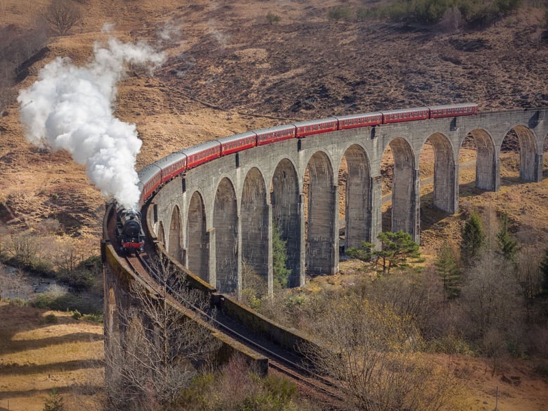 The Jacobite travels across the Glenfinnan Viaduct, made famous for appearing in the Harry Potter franchise films.