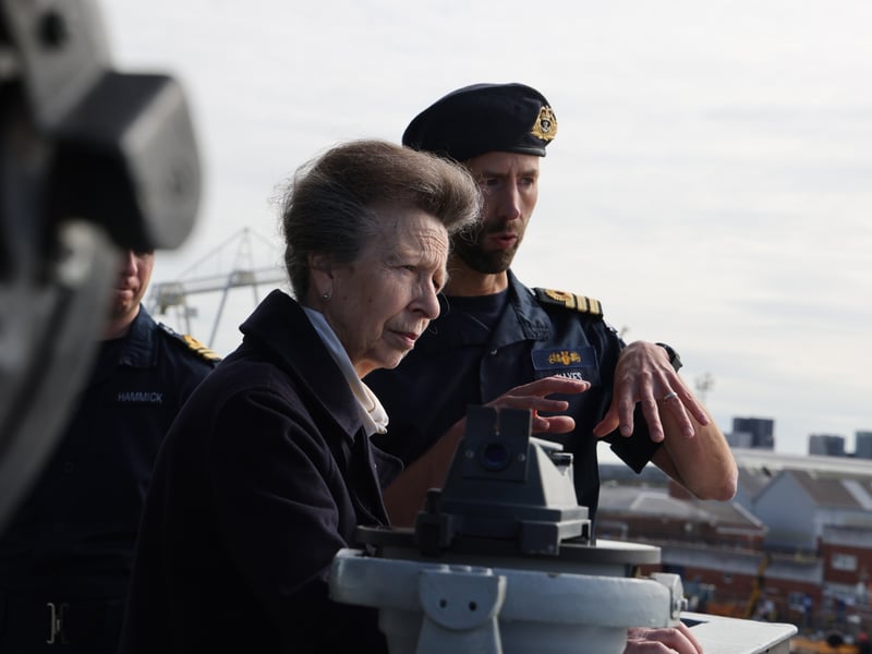 HRH The Princess Royal and RN officer discussing minehunting capabilities on board HMS Tyne. 