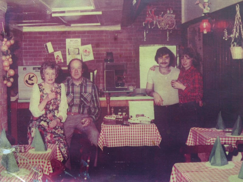 Doreen and Ken Stowe, and Mimmo and Diane Mazzola at Al Carretto Italian restaurant, Sheffield, in 1981