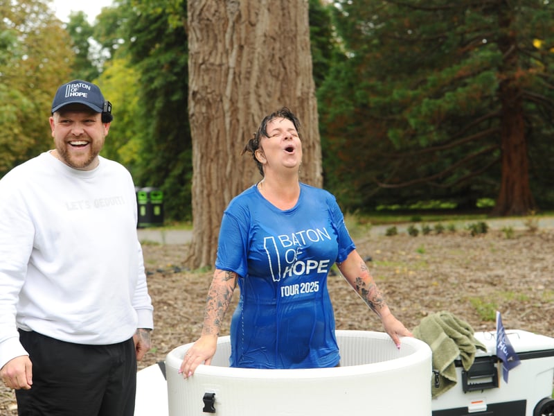 Harry Beattie otherwise known as Ice Bath Harry with baton bearer Suzie Dennett who braved the ice bath after her leg of the journey.