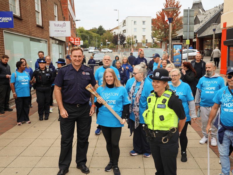 Stu Vince, Station Manager for Hampshire and Isle of Wight Fire and Rescue Service, PCC Donna Jones and the support group for the Baton of Hope in Portsmouth.