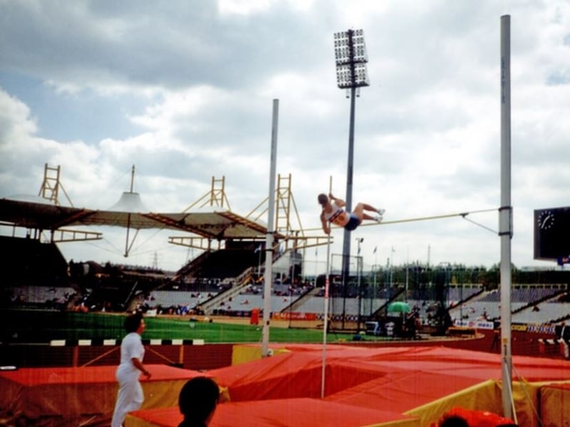Kate Staples, better known as Zodiac from the hit TV show Gladiators, in pole vault action during the AAA's Championships at Sheffield's Don Valley Stadium, in June 1994. She won the event with a clearance of 3m65, setting a new British and Commonwealth record