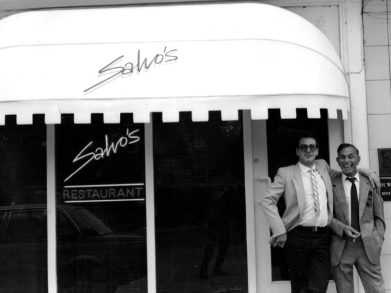 John Dannone and his father Salvo outside Salvo's restaurant, Headingley, Leeds, in 1983