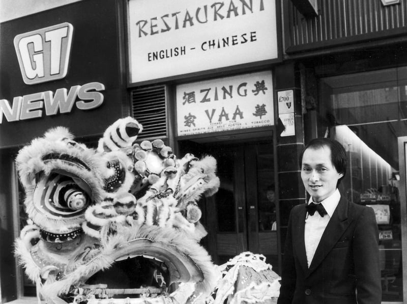 . Lion for Chinese New Year.
Assistant manager Luen Wai Tse pictured outside Zing Vaa Restaurant, Sheffield, with a lion for Chinese New Year, in February 1983