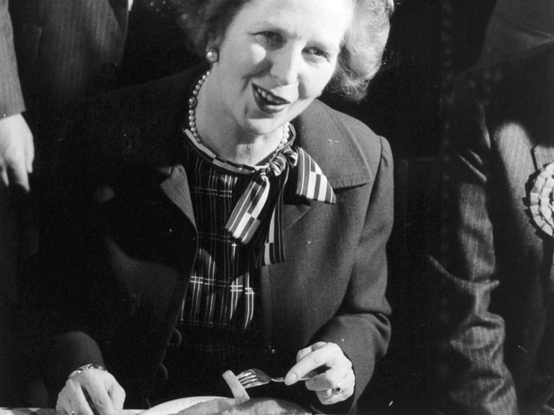Prime Minister Margaret Thatcher enjoying her fish and chip lunch at Harry Ramsden's restaurant, Guiseley, in May 1983