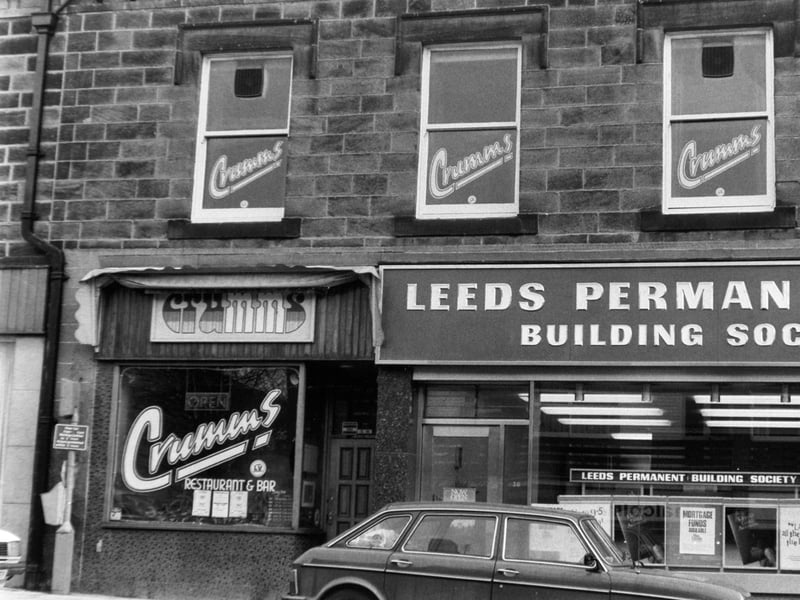 Crumms Restaurant and Wine Bar, on Town Street, Horsforth, in February 1986, with Leeds Permanent Building Society nextdoor