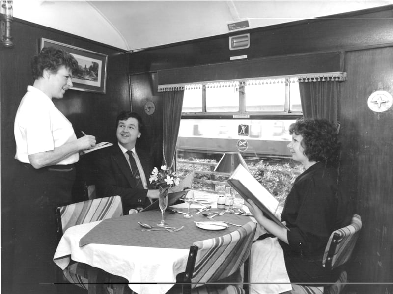 One of the dining carriages at The Sidings Restaurant, in Shipton by Beningbrough, near York, in 1989
