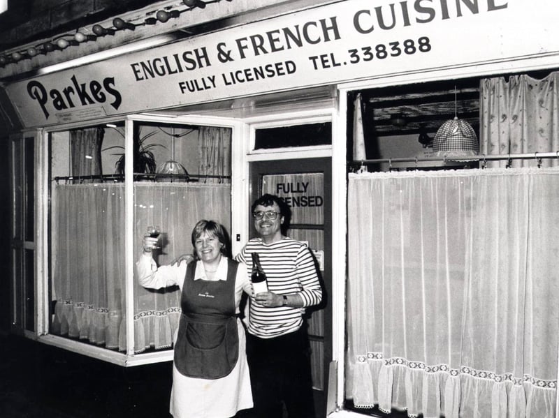 Richard and Linda Horsfield outside Parkes French Restaurant, in Hillsborough, Sheffield, in 1989