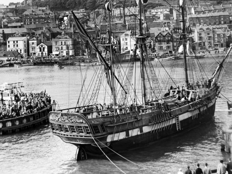 Aquarium ship The  Hispaniola enters Scarborough Harbour in June 1950. It was converted to an old time whaler in 1954 for the film "Moby Dick" starring Gregory Peck.