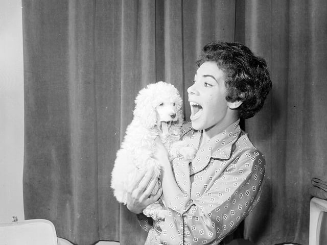 Singer Shirley Bassey backstage with her poodle at the Empire theatre in Edinburgh in September 1958.