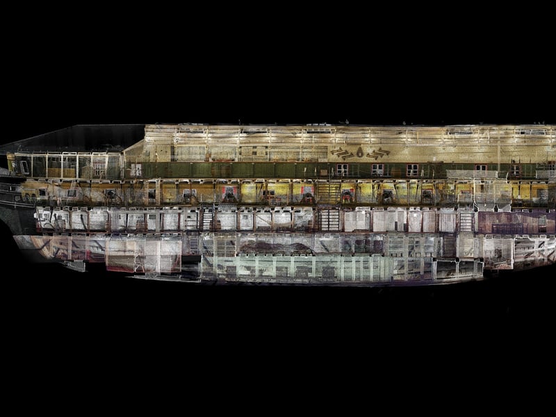 Laser, sonar and photogrammetry surveys were taken to map the shape and condition of the ship.