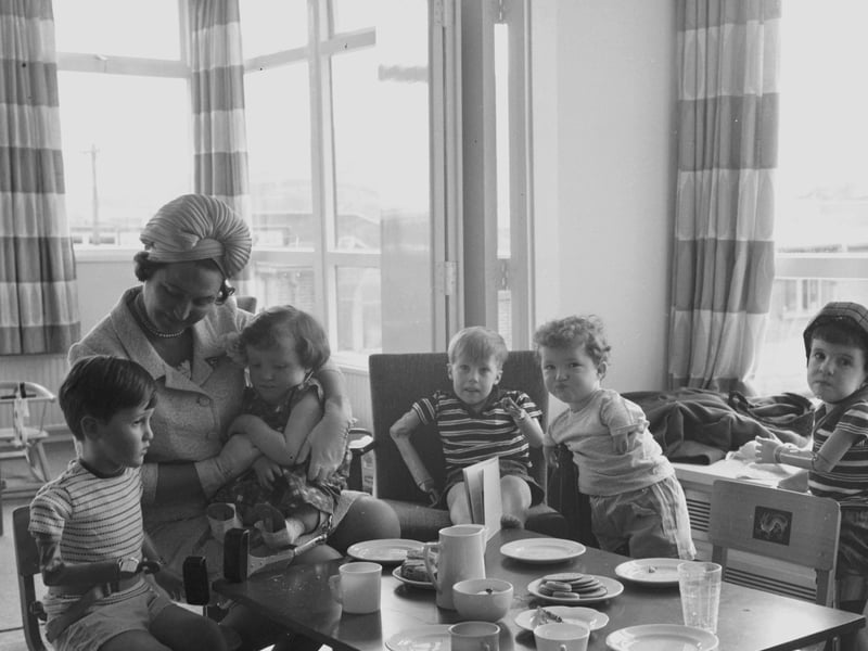 Lady Hoare talks to some of the children after opening the new Thalidomide unit at the Princess Margaret Rose Hospital in Edinburgh, April 1966.