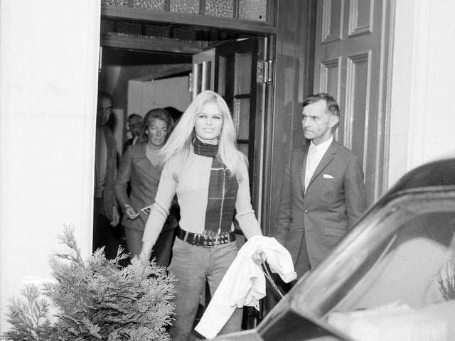 Brigitte Bardot at leaves the Open Arms at Dirleton where she was filming scenes for the film 'A Coeur Joie' with Laurent Terzieff in September 1966.