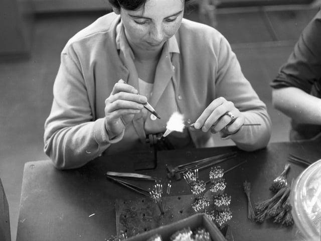 Woman making cathodes for sodium lamps at the Philips electrical factory at Hamilton in Lanarkshire, June 1966