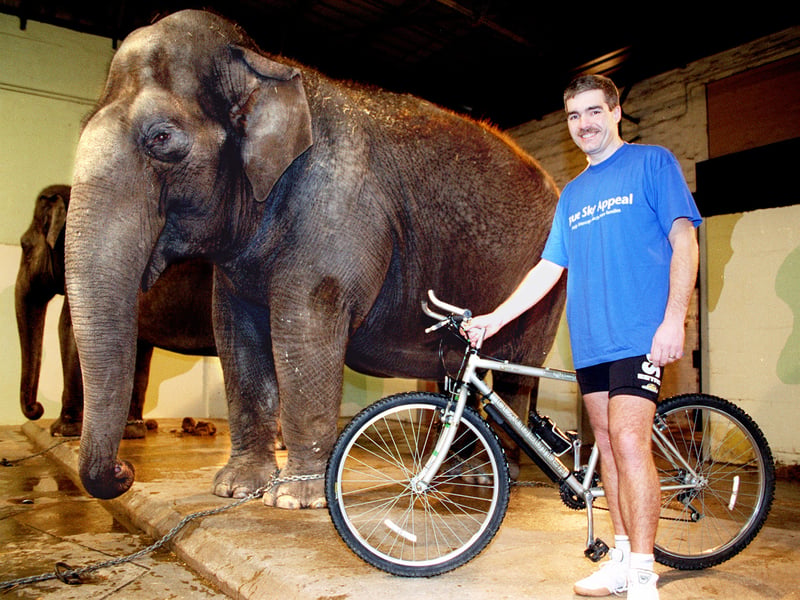 PC Andy Duncan meets Indian Elephant Crumple at Blackpool Zoo. Andy is heading off to India in October for a sponsored cycle ride, raising money for Mencap.