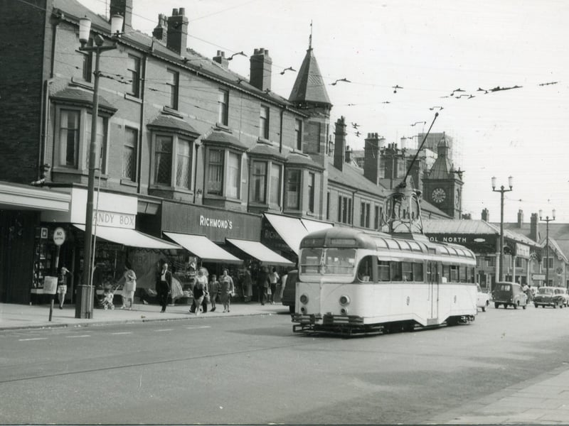 Dickson Road , Blackpool , loooking towards Talbot Road.
Showing The Talbot Hotel on the far right, Blackpool North railway station can be seen behind the tram. The canopy of the Odeon Cinema can be seen on the far left.
The tram is seen at the Dickson Road terminus, this line opened in 1898, joined the promenade line at the Gynn in 1920,  but  closed on October 27, 1963.