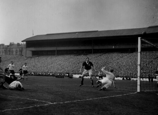 Tom Finney scores for England against Scotland at Hampden in 1956.
