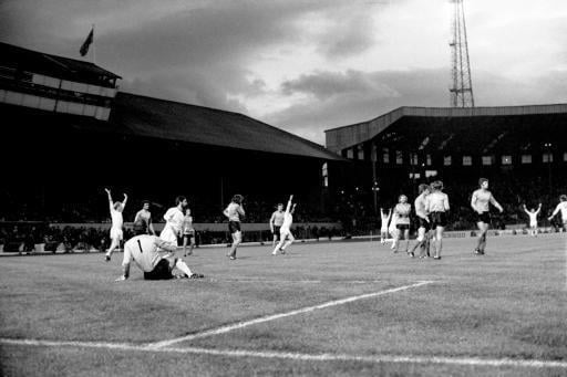 Bayern Munich players (in white shirts) celebrate the winning goal in the European Cup final win over St Etienne at Hampden.