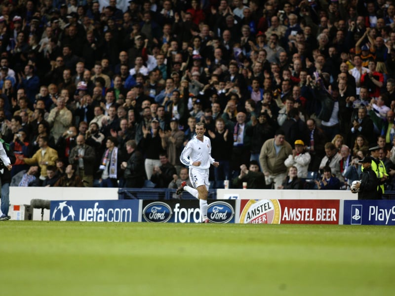 Zinedine Zidane of Real Madrid celebrates scoring a goal to light up any final during the Champions League Final between Real Madrid and Bayer Leverkusen played at Hampden.