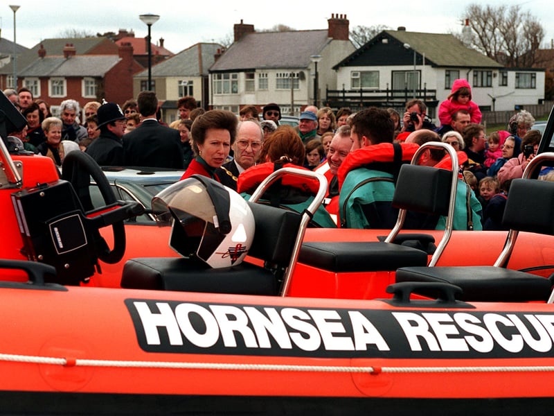 The Princess Royal takes time to chat to the crew of Hornsea's new inshore rescue boat during an official visit to open the town's new leisure centre in March 1996.
