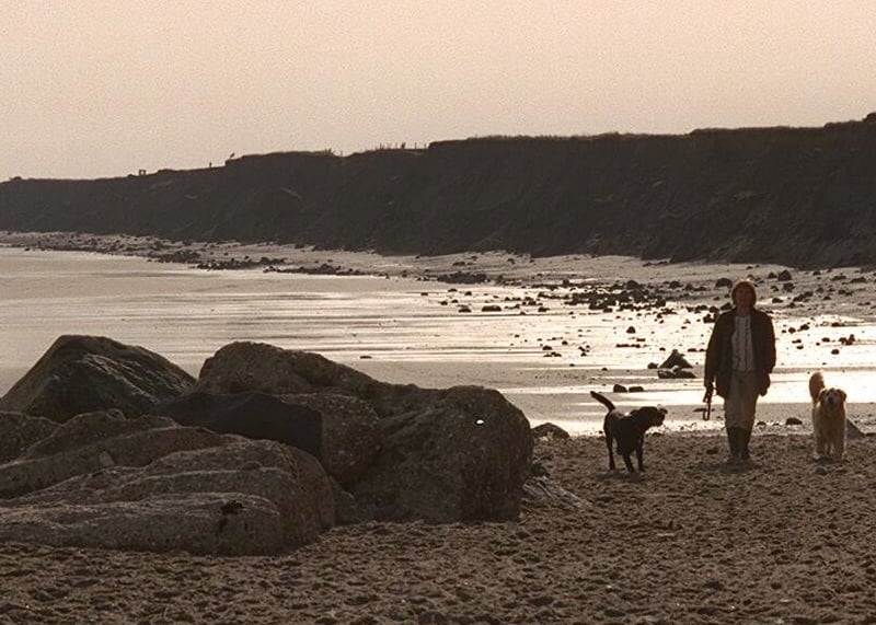 Polly Brown walks her dogs on Hornsea beach in October 1998 against a backdrop of an eroding coastline.