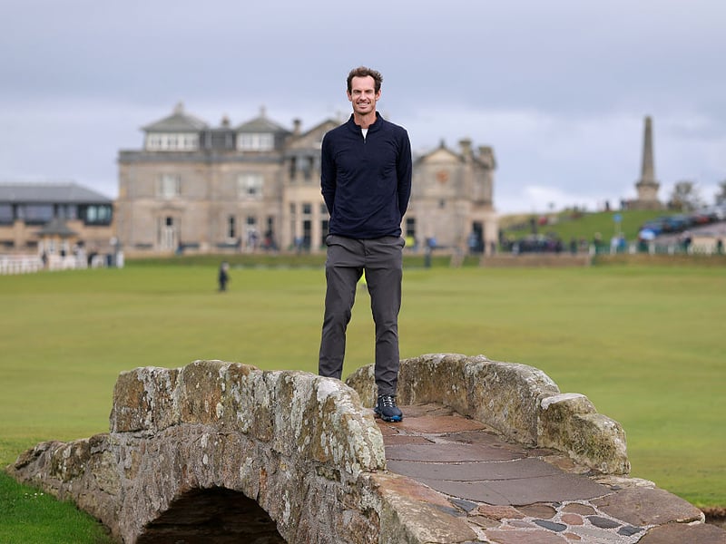 Sir Andy Murray on the famous Swilcan Bridge on the St Andrews Old Course.
