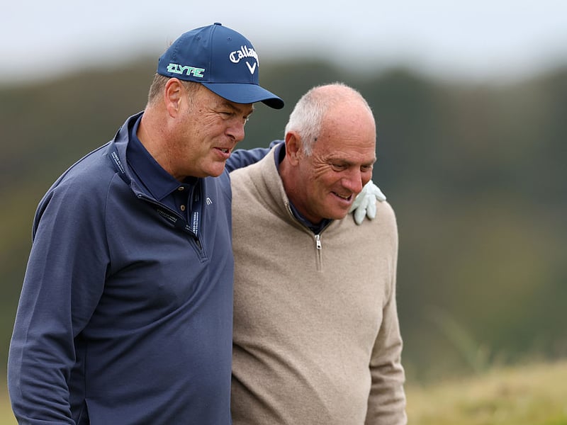 Dragons' Den tycoon Peter Jones and Olympic rower Steve Redgrave on the fifth holf of St Andrews Old Course on day one of the Alfred Dunhill Links Championship 2025.