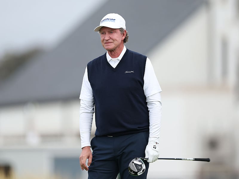 Ice hockey icon Wayne Gretzky looks across the first tee on day one of the Alfred Dunhill Links Championship at Carnoustie Golf Links.