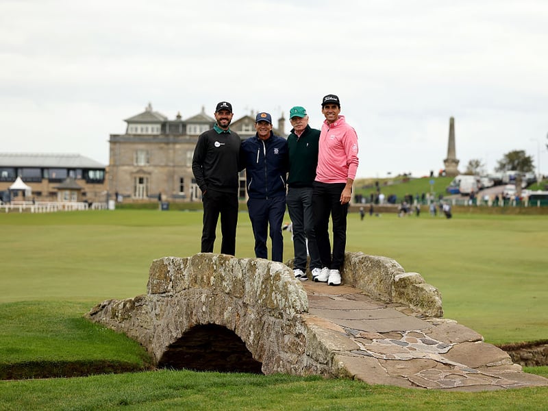 American businessman David Kohler and Celtic shareholder Dermot Desmond are joined by pro golfers Troy Merritt and Rafa Cabrera Bello on the Seilcan Bridge.