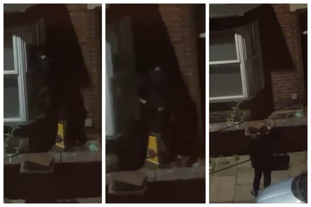 A neighbourhood watch WhatsApp group was set up for residents to report what they had seen. These screenshots show a man climbing to look in through a window in the dark, before filming the house from the street.