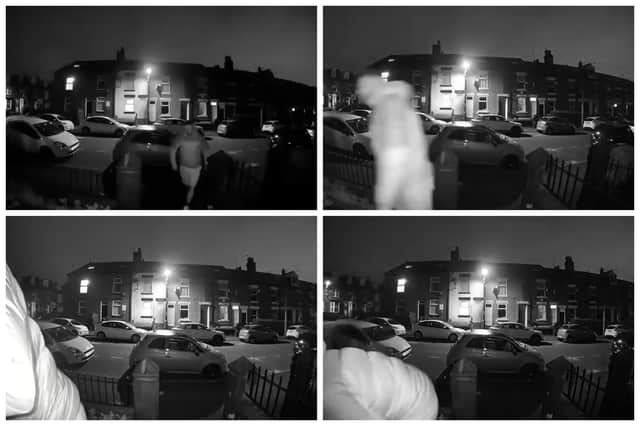A man is captured on a doorbell camera on Harland Road looking in through a front window.