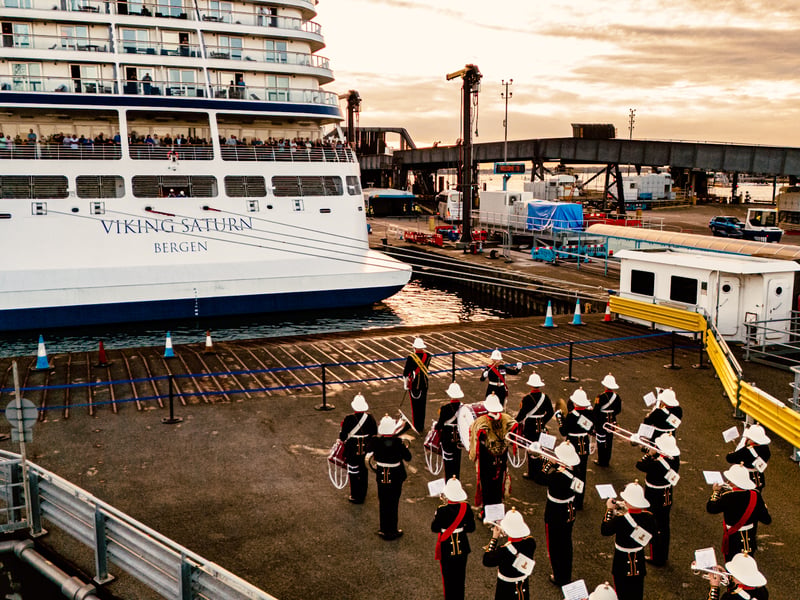 Musicians from the Royal Marines Band Service serenaded tourists aboard the Viking Saturn cruise ship in Portsmouth.