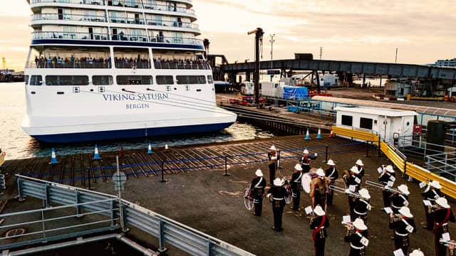 Musicians from the Royal Marines Band Service serenaded tourists aboard the Viking Saturn cruise ship in Portsmouth.
