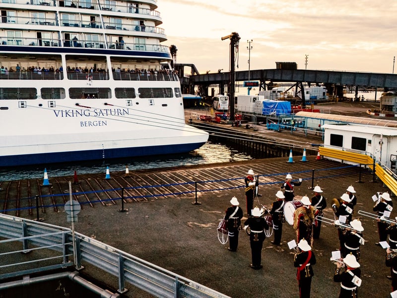 Musicians from the Royal Marines Band Service serenaded tourists aboard the Viking Saturn cruise ship in Portsmouth.