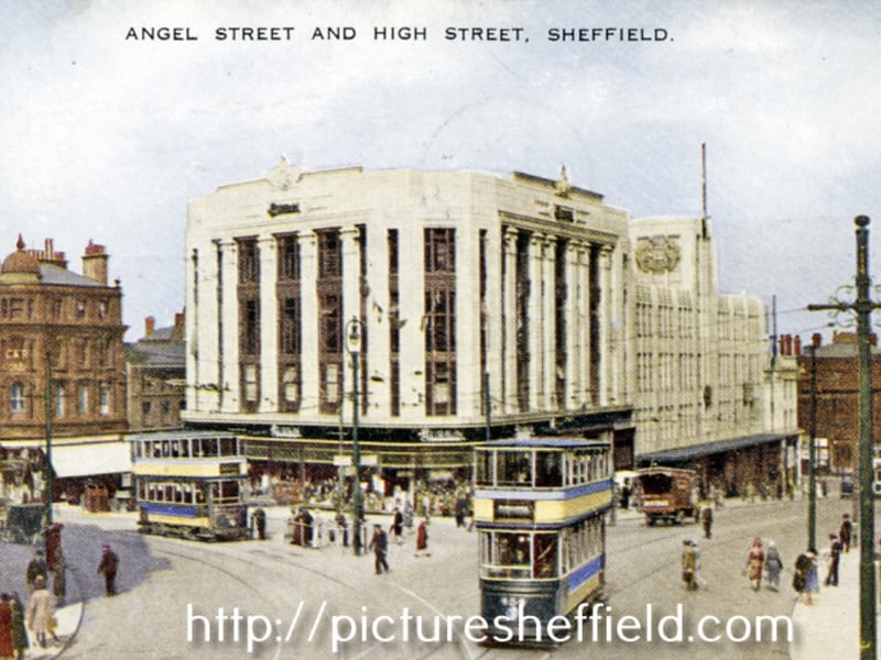 Before World War Two, the site which later become the Hole In The Road was a busy junction, and part of a tram route at the junction of Angel Street, High Street and Market Place. Photo: Valentine and Sons Ltd Valesque Series / Picture Sheffield