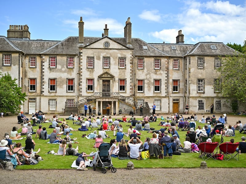 Filming took place at Newhailes in Season Four of Outlander. Newhailes House served as Governor Tyron’s home in North Carolina where Jamie discussed the offer of a land grant in exchange for service to the English Crown, and where Jamie and Claire were introduced into Wilmington society. From 2014 to 2024, there was a 6194.99 per cent increase in visitors. There were 4,831 visitors during 2014 and then 304,111 visitors in 2024.
Pictured is The Royal Scottish National Orchestra brass quintet performing in the gardens of Newhailes House to members of the public.