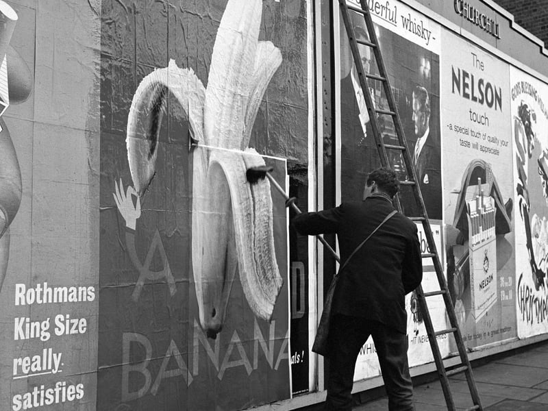 A billboard poster encourages people to 'Unzipp a banana in around 1960