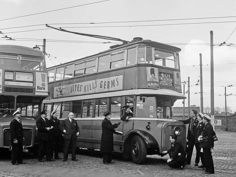 A 'Diddler' trolleybus in April 1962, advertising Jeyes Fluid and Greys cigarettes