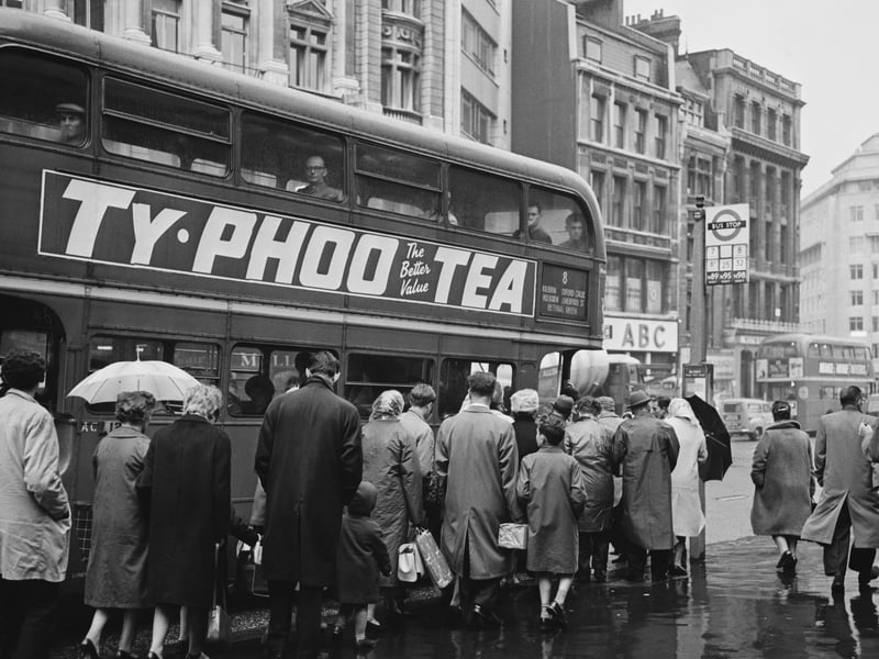 An advert on a bus for Typhoo 'the better value' Tea