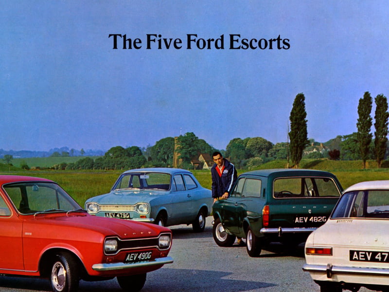 A 1968 Ford Escort brochure promoting the 'five Ford Escorts'